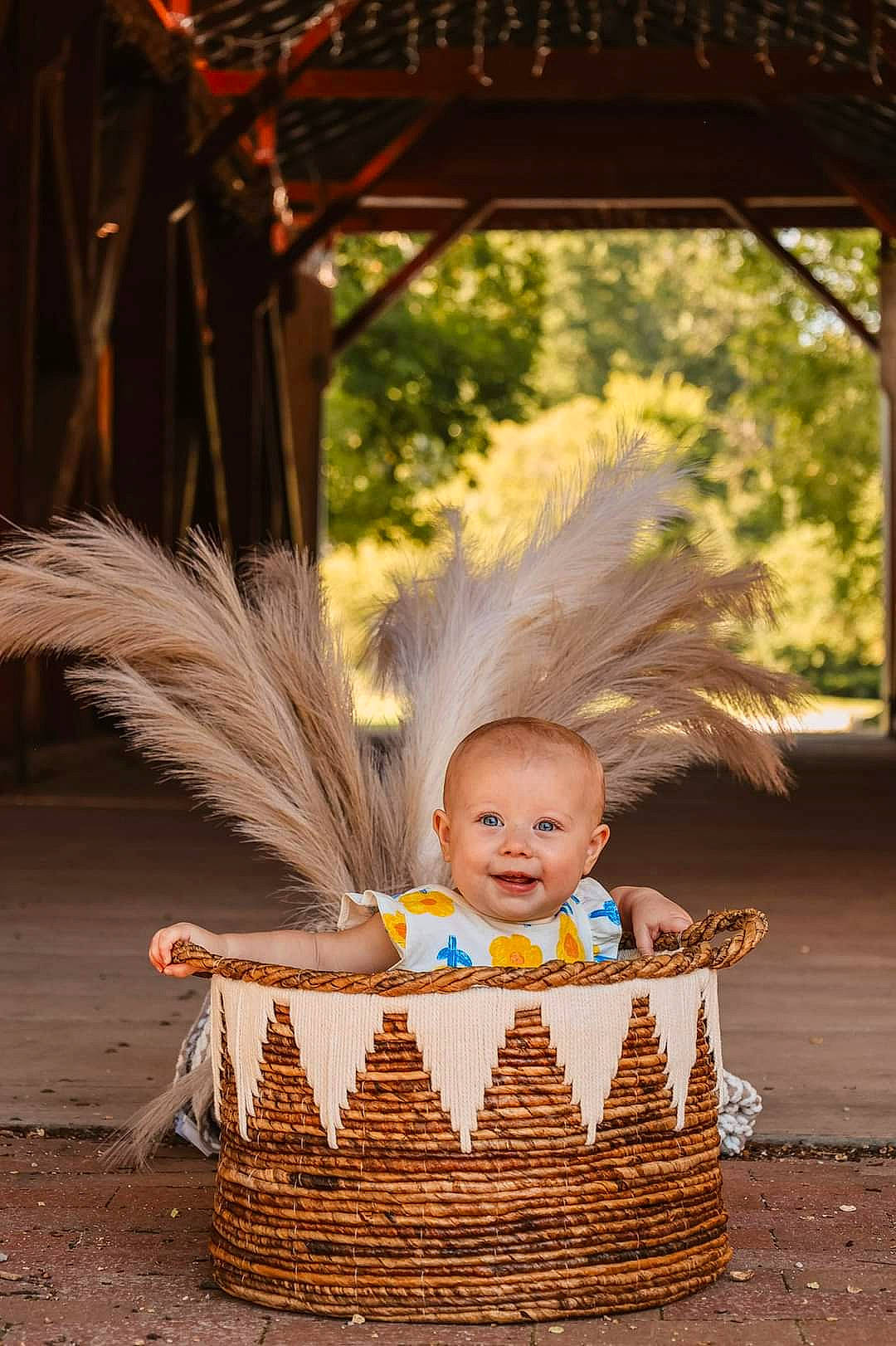 Quinn is registered to the contest to win money with this photo: baby, basket, child, costume_hat, event, fashion_accessory, flash_photography, fun, grass, happy, head, joy, leisure, people_in_nature, person, picnic_basket, sitting, storage_basket, toddler, tree