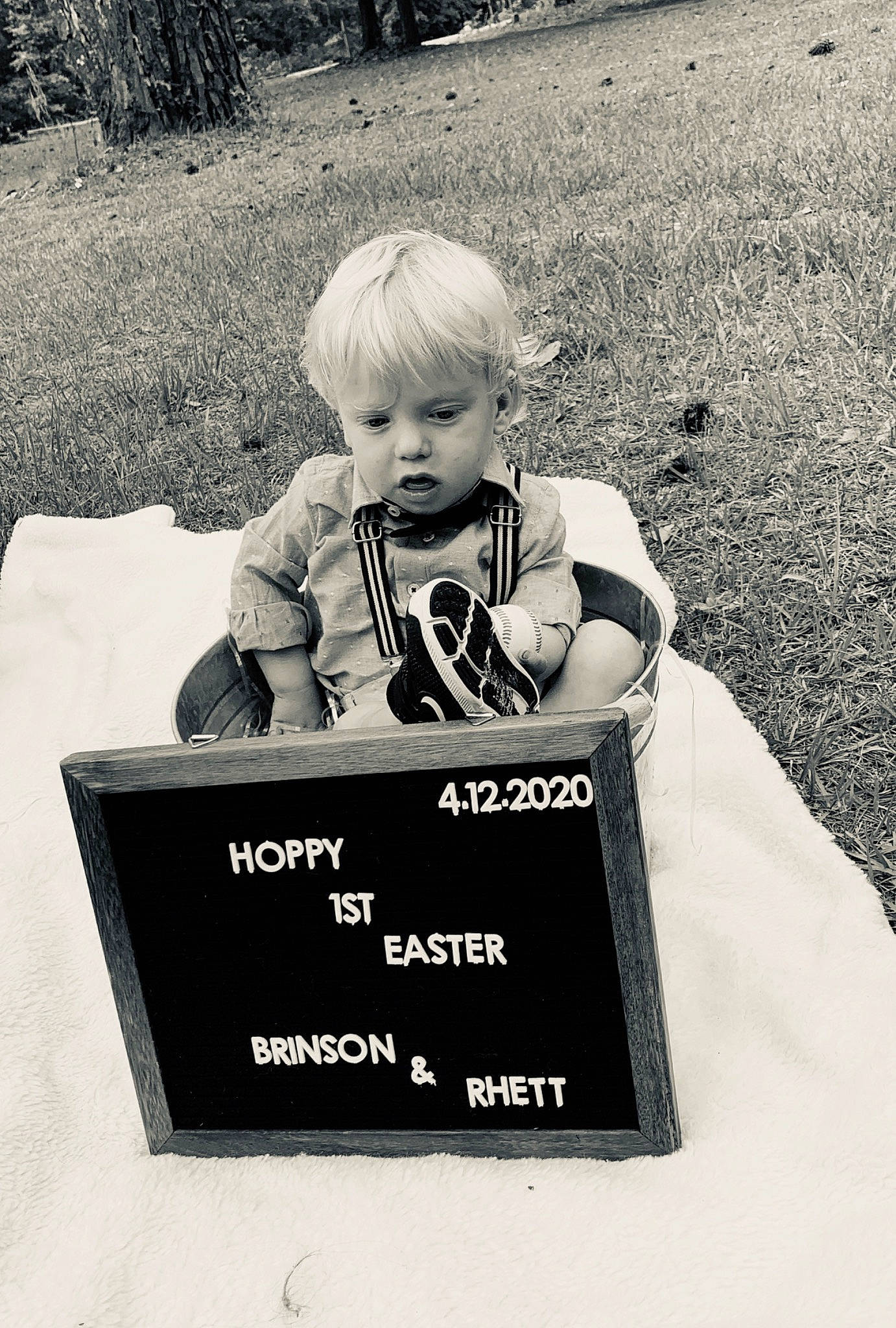 Rhett is registered to the contest to win money with this photo: black_and_white, child, person, photo_caption, photograph, photography, play, sitting, snapshot, stock_photography, style, toddler, tree