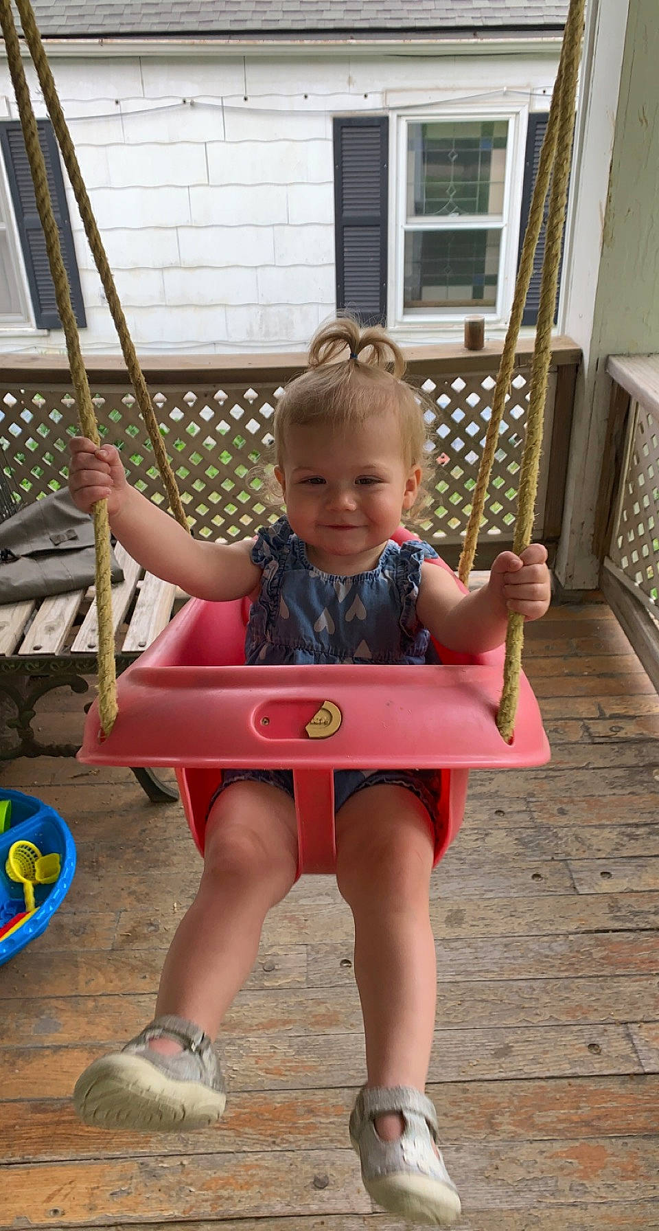 Raelynn joined the competition — help win amazing prizes! baby_toddler_clothing, chair, child, door, fun, happy, human_leg, joy, lap, leisure, outdoor_furniture, person, product, recreation, sandal, shorts, sitting, smile, summer, thigh