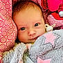 Bonnie-Mae is registered to the contest to win money with this photo: baby, blanket, child, comfort, cozy, cute, expression, eyes, face, indoor, infant, newborn, pacifier, pattern, pink, portrait, resting, soft, warm, wrapped