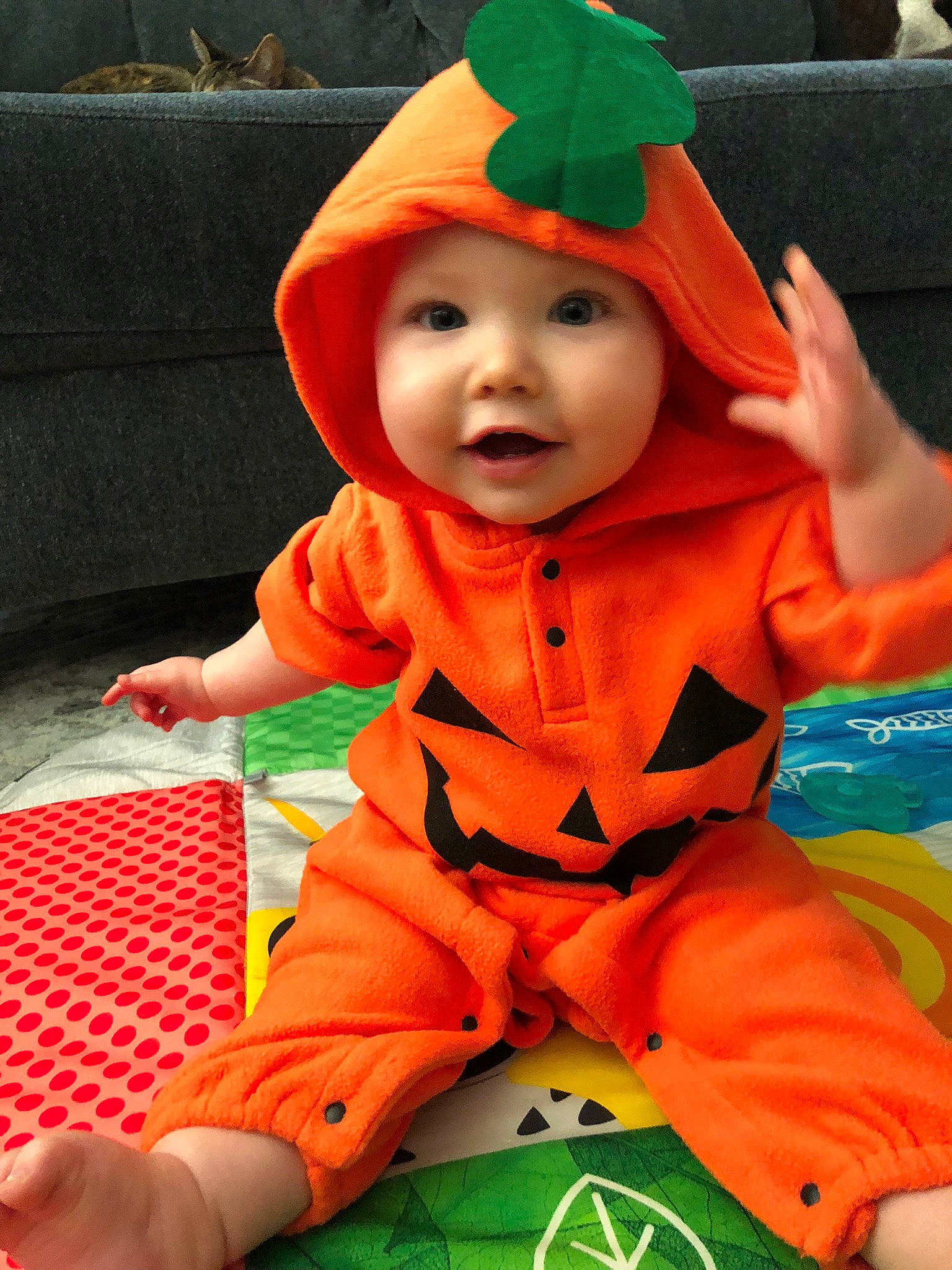 Kylan joined the competition — help win amazing prizes! baby, baby_toddler_clothing, cap, carmine, child, costume, costume_hat, facial_expression, fictional_character, fun, green, headwear, orange, person, personal_protective_equipment, pink, red, sitting, sleeve, smile