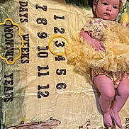 Vivian Grace is registered to the contest to win money with this photo: baby, infant, child, milestone_blanket, yellow_outfit, headband, lying_down, months, numbers, soft_texture, cute, calm, milestone, fabric, decorative, clothing, skin, legs, arms, face