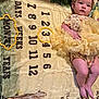 baby, infant, child, milestone_blanket, yellow_outfit, headband, lying_down, months, numbers, soft_texture, cute, calm, milestone, fabric, decorative, clothing, skin, legs, arms, face