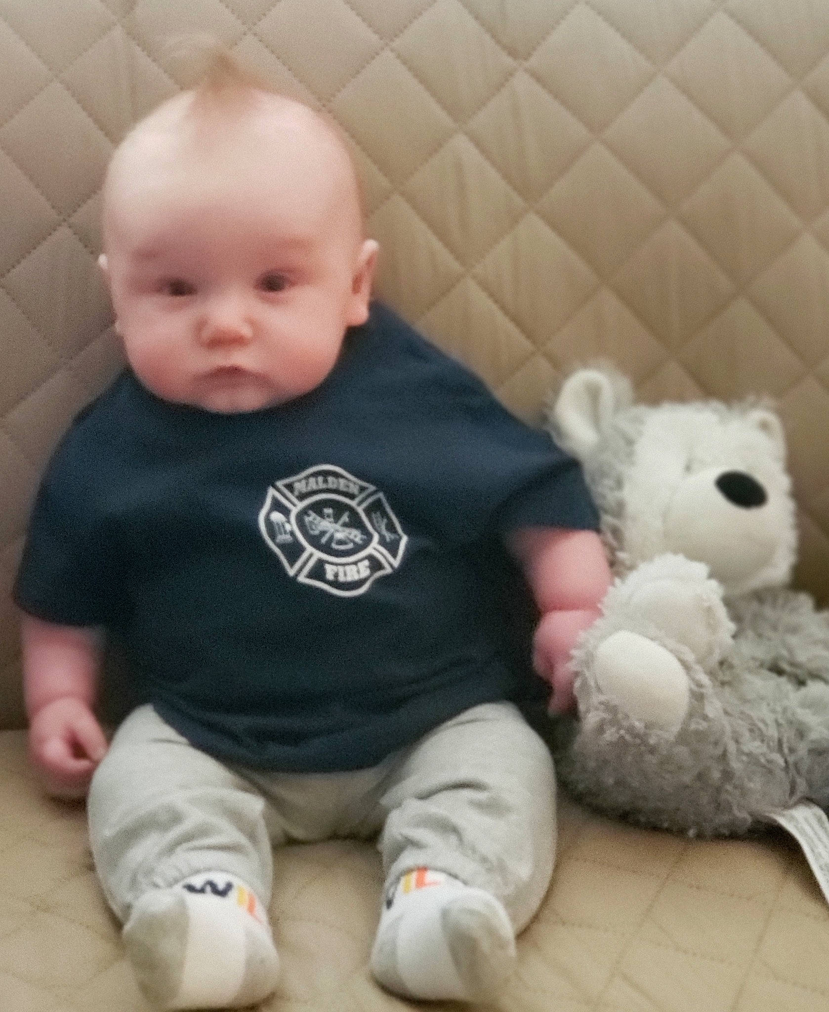 Frankie joined the competition — help win amazing prizes! baby, cheek, child, face, head, nose, person, plush, sitting, skin, sleeve, stuffed_toy, t_shirt, teddy_bear, toddler, toy