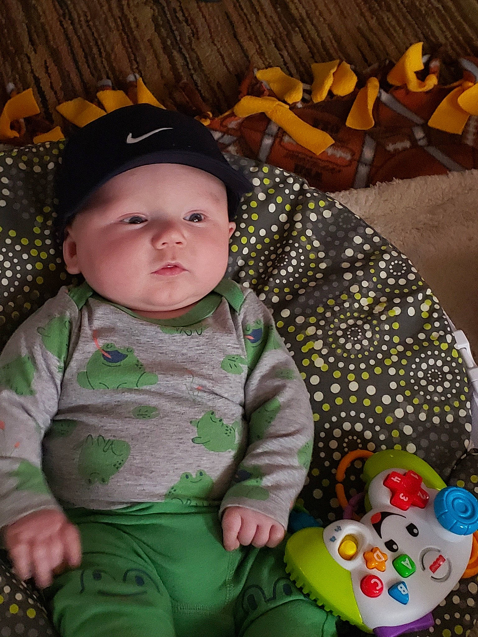 Frankie is registered to the contest to win money with this photo: baby, baby_products, baby_toddler_clothing, baby_toys, child, headwear, person, play, skin, toddler