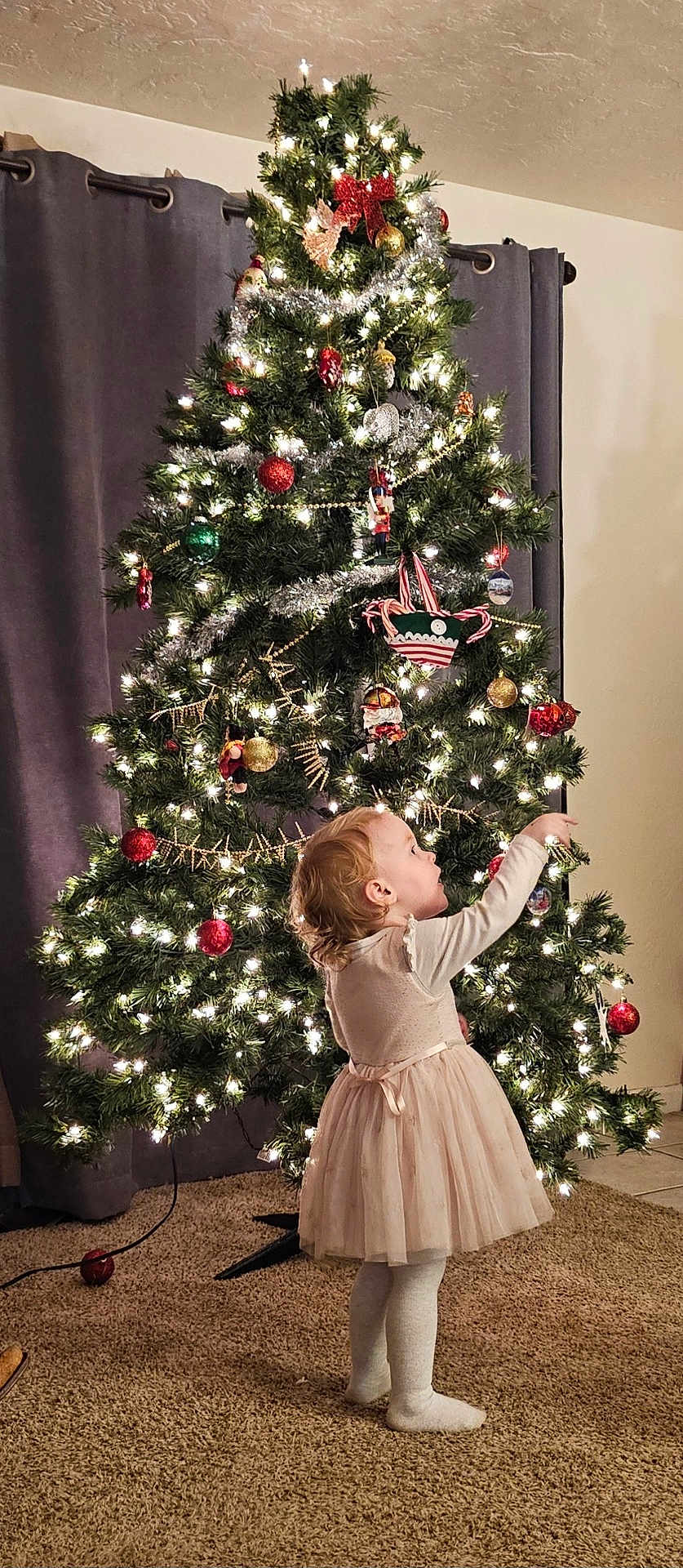 Finnley joined the competition — help win amazing prizes! toddler, child, christmas_tree, ornaments, lights, holiday, indoor, carpet, curtains, decorations, festive, dress, socks, person, celebration, home, seasonal, young_child, curious, standing