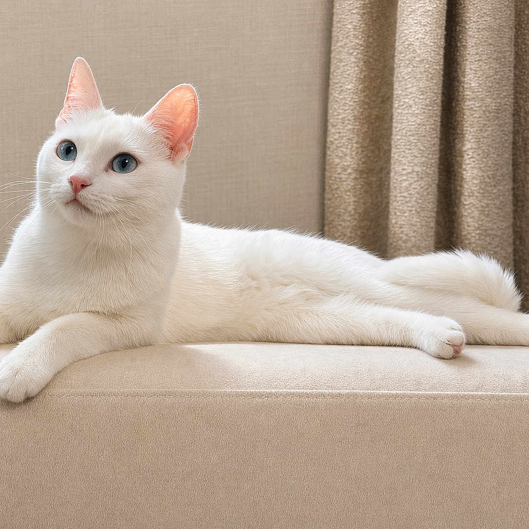 Lady participe au concours pour gagner de l'argent avec cette photo : cat, white_cat, blue_eyes, lounging, indoor, cushion, beige, curtains, pet, feline, relaxed, fur, whiskers, ears, side_view, animal, domestic_animal, soft_texture, quiet, calm