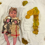 Vanessa a rejoint le concours — aidez-le/la à gagner de superbes lots ! baby, infant, child, dress, headwrap, blanket, autumn_leaves, yellow_leaves, plaid_pattern, question_mark, soft_texture, lying_down, indoors, cute, small_hands, small_feet, portrait, fall, seasonal, decor