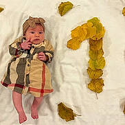 Vanessa participe au concours pour gagner de l'argent avec cette photo : autumn_leaves, baby, blanket, celebration, child, cute, dress, fall, feet, hand, headband, indoors, infant, lying_down, milestone, number_one, plaid, portrait, skin, yellow_leaves