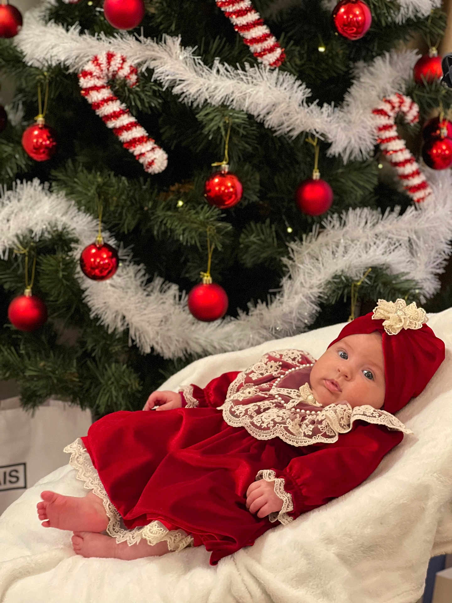 Vanessa participe au concours pour gagner de l'argent avec cette photo : baby, infant, red_dress, lace, headwear, blanket, christmas_tree, ornaments, candy_cane, holiday, festive, decorations, indoor, cute, portrait, soft_texture, holiday_season, smiling, child, celebration
