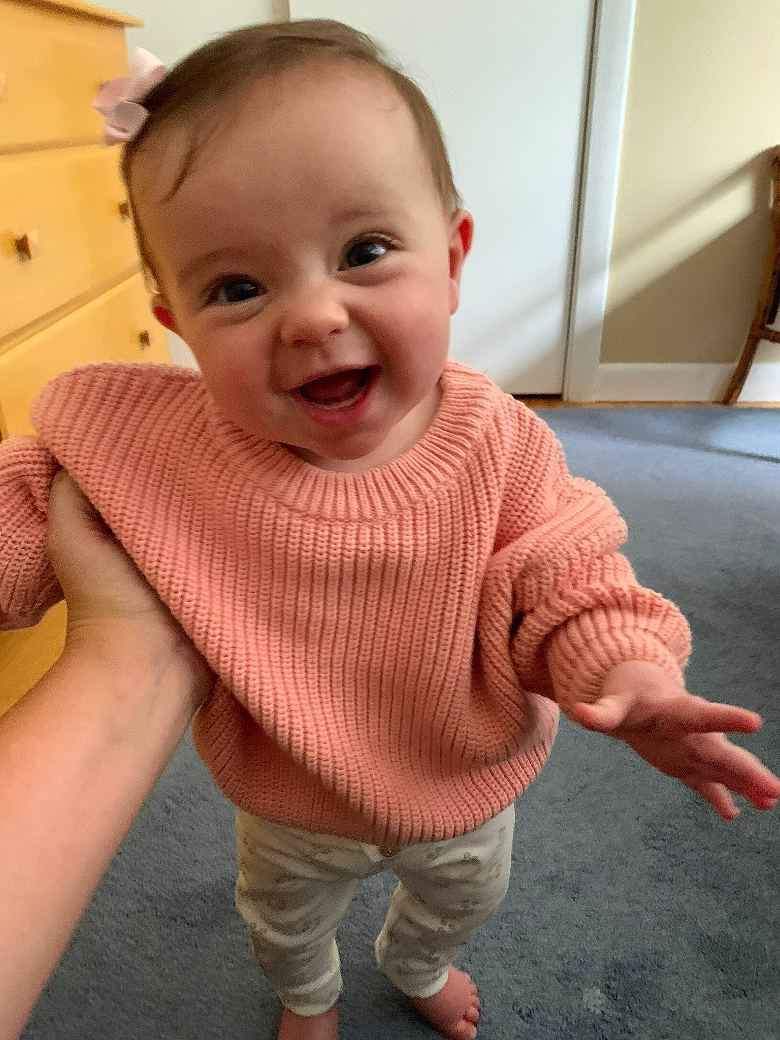 Kora joined the competition — help win amazing prizes! baby_toddler_clothing, cabinetry, cheek, chin, face, finger, floor, flooring, head, human_body, iris, joint, lip, mouth, nose, person, shoulder, skin, sleeve, smile
