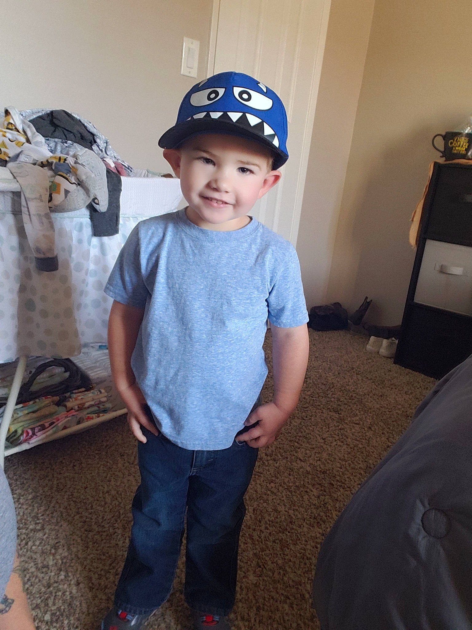 Hunter joined the competition — help win amazing prizes! baseball_cap, blue, cap, child, clothing, cool, denim, fashion_accessory, footwear, hat, headgear, headwear, helmet, jeans, joy, male, person, personal_protective_equipment, sleeve, sports_gear