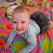 Kimi joined the competition — help win amazing prizes! baby, child, smiling, blanket, colorful, flower_pattern, indoor, toy, block, floor, tile, clothing, frilly_skirt, happy, person, face, infant, playtime, cute, toddler
