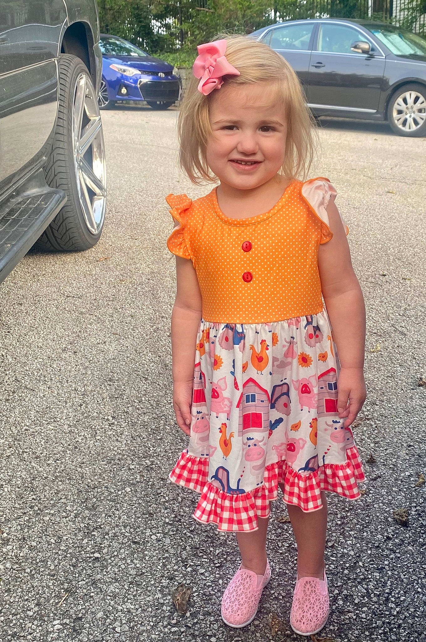 Bella joined the competition — help win amazing prizes! arm, automotive_lighting, automotive_tire, baby_toddler_clothing, car, dress, grass, hair, hand, head, human_body, joy, land_vehicle, person, pink, plant, smile, standing, textile, tire