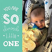 James is registered to the contest to win money with this photo: baby, child, infant, sleeper, animal_print, seat, cushion, face, head, smile, light, shadow, text_overlay, typography, message, teal_background, comfort, cozy, cute, portrait