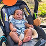 baby, infant, stroller, outdoor, child, toy, plush_toy, striped_clothing, cushion, foot, hand, face, seat, sunlight, grass, sidewalk, baby_clothes, cute, person, relaxing