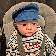 Alec-Nikita participe au concours pour gagner de l'argent avec cette photo : apparel, baby, blue_cap, car_seat, child, clothing, cute, expression, face, headwear, indoor, infant, maxi_cosi, person, portrait, seatbelt, sitting, straps, striped_sweater, young_child
