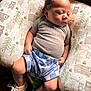 baby, bear_pattern, child, closeup, clothing, cozy, cushion, cute, footwear, indoor, infant, peaceful, person, portrait, resting, shirt, shorts, sleeping, sneakers, soft_light