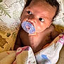 baby, bear_pattern, blanket, child, closeup, comfort, curly_hair, cushion, cute, face, indoors, infant, lying_down, newborn, pacifier, resting, scar, skin, soft_texture, tree_pattern