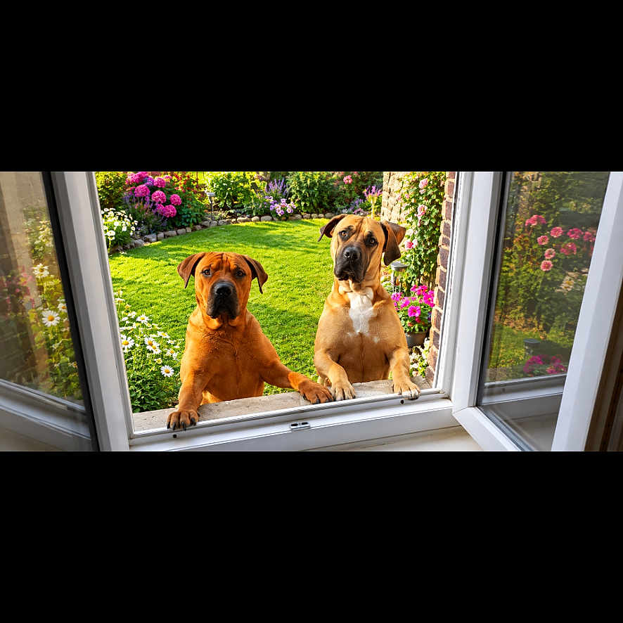 Pandor Orwell a rejoint le concours — aidez-le/la à gagner de superbes lots ! dogs, dog, animals, pets, canines, two_dogs, window, open_window, garden, flowers, grass, outdoors, sunlight, portrait, curious, standing, looking_at_camera, brown_dog, fawn_dog, home