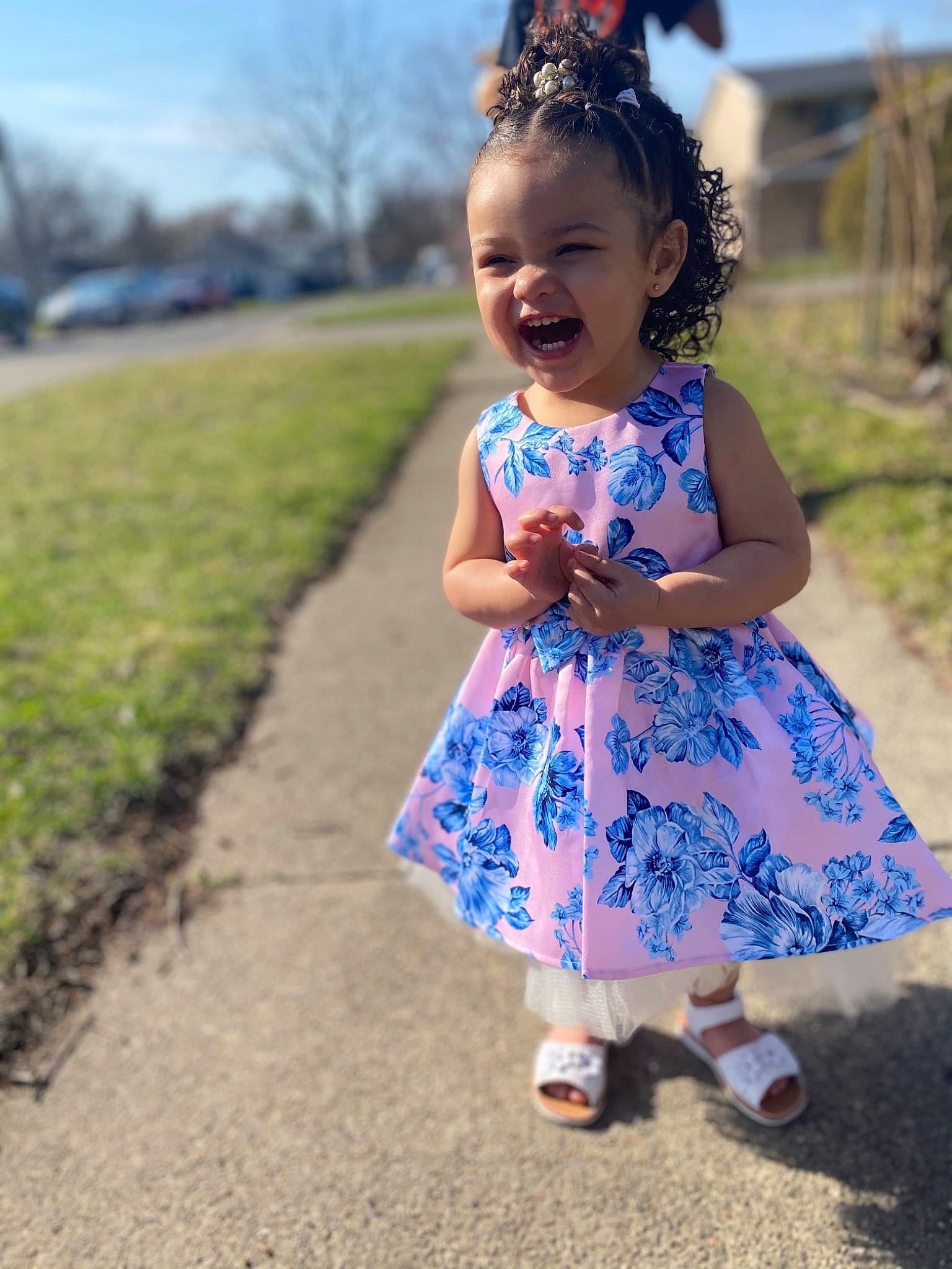 Majesti is registered to the contest to win money with this photo: azure, baby_toddler_clothing, day_dress, dress, facial_expression, fun, grass, hair, happy, head, leaf, one_piece_garment, people_in_nature, person, plant, sky, smile, standing, summer, toddler