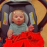Kasen joined the competition — help win amazing prizes! baby, car_seat, child, infant, red_jacket, digital_filter, glasses_filter, devil_horns_filter, indoor, floor, foot, hand, clothing, person, cute, expression, seat, head, face, curious