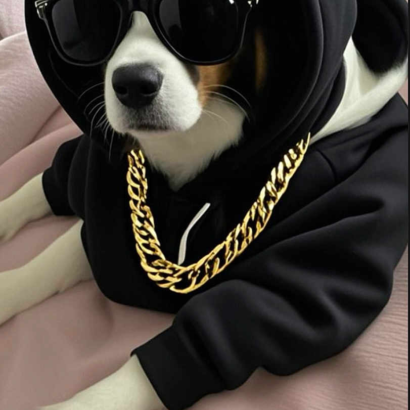 Volt participe au concours pour gagner de l'argent avec cette photo : accessories, animal, blanket, canine, clothing, dog, face, head, hood, hoodie, hound, knitwear, person, pet, photography, portrait, puppy, sunglasses, sweater, sweatshirt