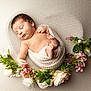 newborn, baby, sleeping, blanket, flower_wreath, flowers, greenery, soft_texture, peaceful, infant, wrapped, cute, portrait, skin, relaxing, closeup, tiny_feet, fresh, decor, natural