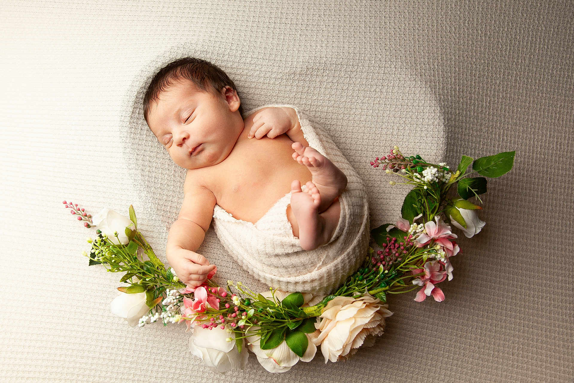 Jovi-May is registered to the contest to win money with this photo: newborn, baby, sleeping, blanket, flower_wreath, flowers, greenery, soft_texture, peaceful, infant, wrapped, cute, portrait, skin, relaxing, closeup, tiny_feet, fresh, decor, natural