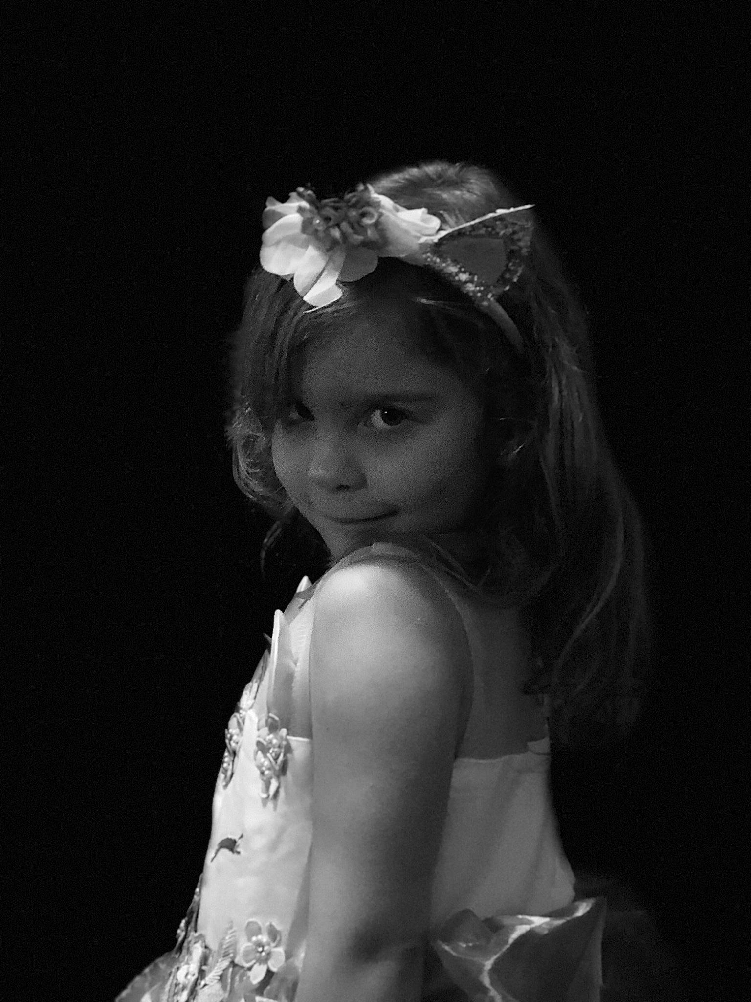 Abbigail joined the competition — help win amazing prizes! beauty, black, black_and_white, bridal_accessory, child, dress, fashion_accessory, flash_photography, flower_girl, hair_accessory, headgear, headpiece, headwear, long_hair, monochrome, monochrome_photography, person, photo_shoot, photography, tiara
