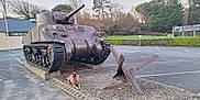 Athéna participe au concours pour gagner de l'argent avec cette photo : canine, cloudy_sky, dog, grass, hedge, historic_monument, memorial, metal, military, museum, nature, outdoor, parking_lot, pavement, quiet, sign, tank, trees, vehicle, weapon