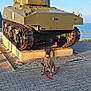 Athéna participe au concours pour gagner de l'argent avec cette photo : dog, tennis_ball, tank, pavement, military_vehicle, outdoor, daylight, sky, sea, leash, animal, brown_dog, historic, machine, sunlight, shadow, concrete, grass, blue_sky, park