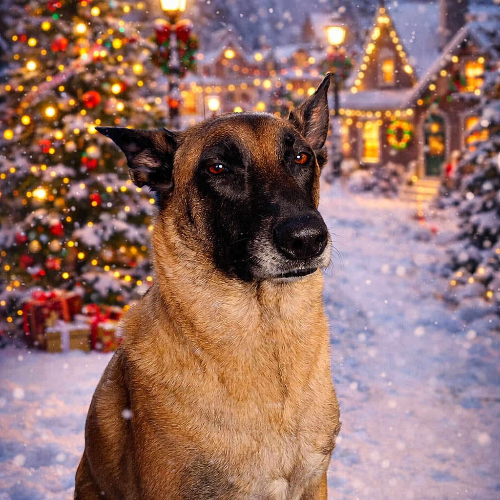 Athéna a rejoint le concours — aidez-le/la à gagner de superbes lots ! animal, canine, celebration, christmas_tree, decorations, dog, evening, festive, frost, holiday_lights, house, lamp_post, nature, outdoor, pet, portrait, seasonal, snow, snowfall, winter