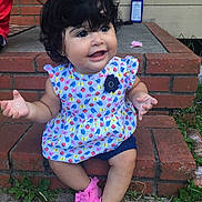 Lizzy is registered to the contest to win money with this photo: black_hair, child, flower, fun, girl, hair, happiness, human_hair_color, leg, pattern, pink, plant, product, purple, sitting, smile, vacation