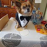 Nouki a rejoint le concours — aidez-le/la à gagner de superbes lots ! brown_dog, chair, counter, curious, dog, domestic, ears, eyes, furniture, indoors, kitchen, pet, portrait, small_dog, snack_package, table, tablecloth, tuxedo, water_bottle, wooden_cabinet