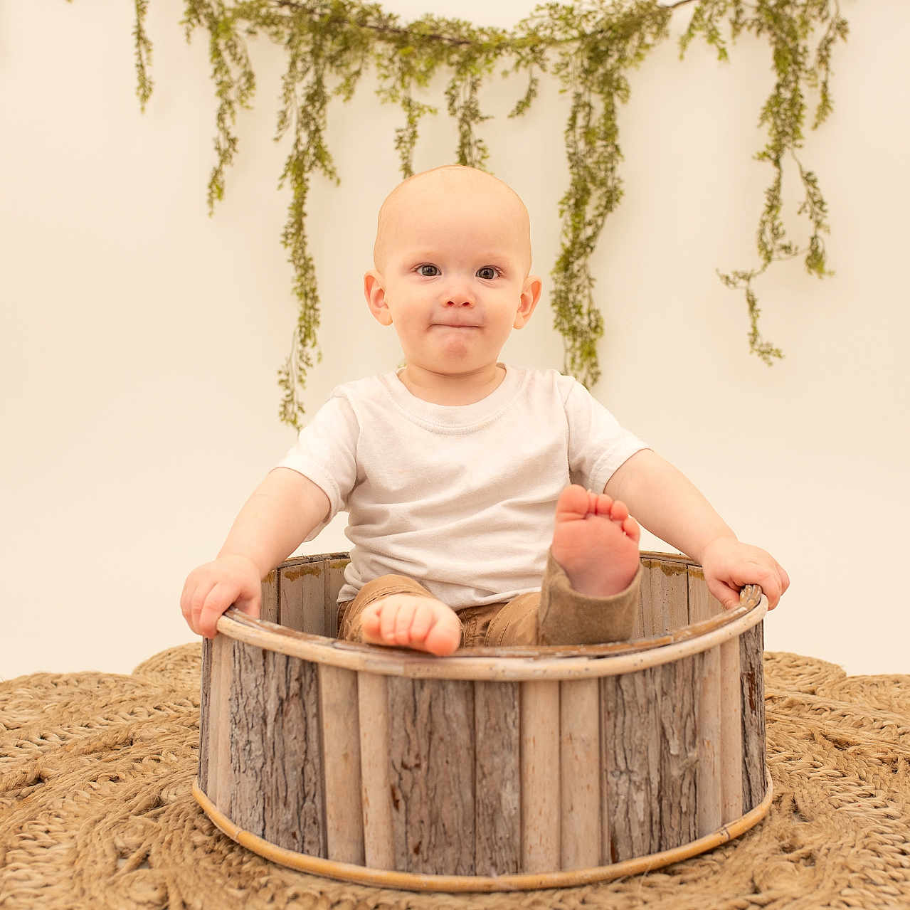 Nash is registered to the contest to win money with this photo: baby, basket, bed, crib, face, furniture, hardwood, head, hottub, infantbed, person, photography, plant, playarea, plywood, portrait, pottedplant, sitting, tub, wood