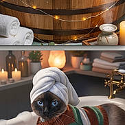 Munchie joined the competition — help win amazing prizes! cat, siamese_cat, bubble_bath, wooden_tub, bathtub, striped_sweater, towel_turban, candles, rose_petals, rubber_ducks, foam, spa, relaxation, indoor, decor, vintage_faucet, plant, soft_lighting, cozy, water