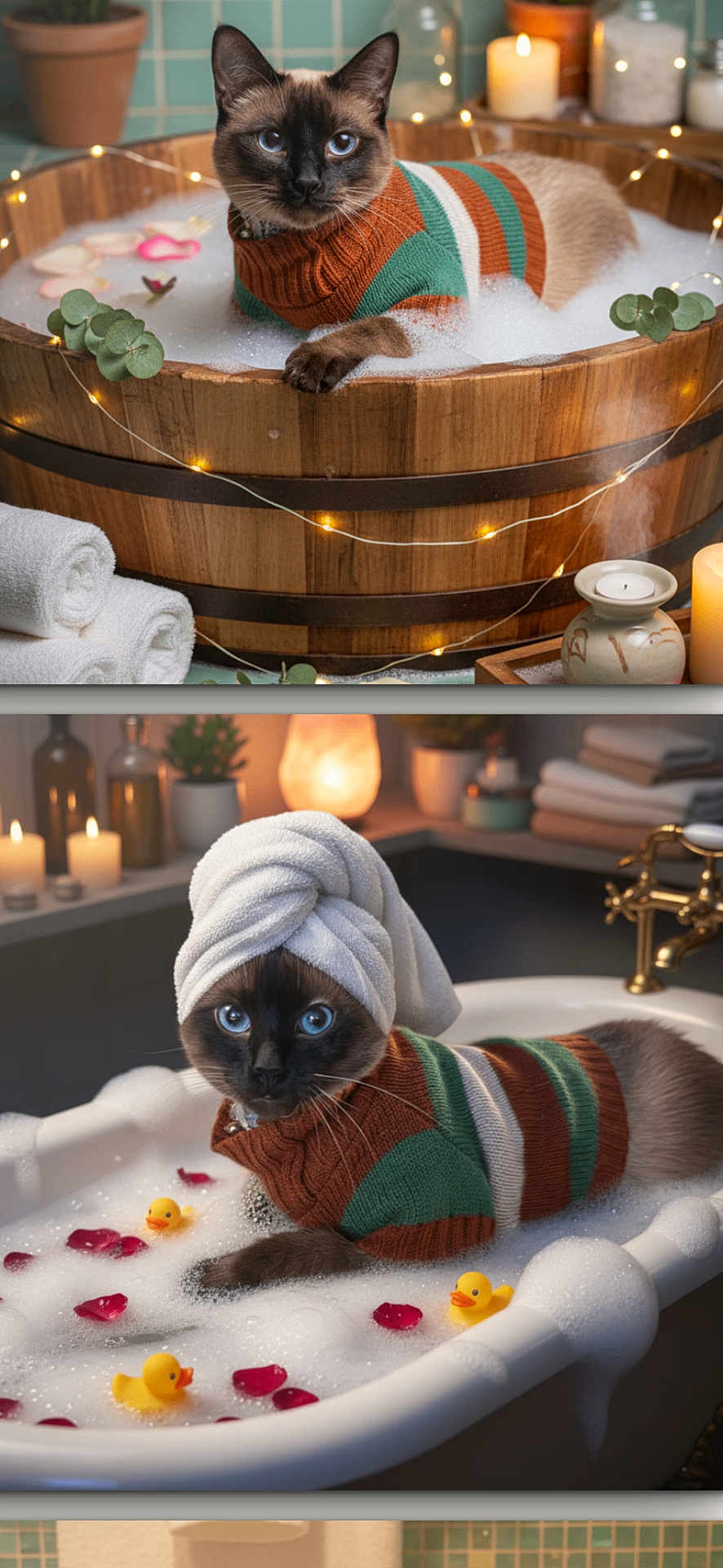Munchie joined the competition — help win amazing prizes! cat, siamese_cat, bubble_bath, wooden_tub, bathtub, striped_sweater, towel_turban, candles, rose_petals, rubber_ducks, foam, spa, relaxation, indoor, decor, vintage_faucet, plant, soft_lighting, cozy, water