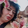 Arthur a rejoint le concours — aidez-le/la à gagner de superbes lots ! woman, person, dog, chihuahua, puppy, pet, selfie, portrait, face, eyes, lips, short_hair, flowers, lilies, pink_flowers, car, vehicle, indoor, close_up, floral