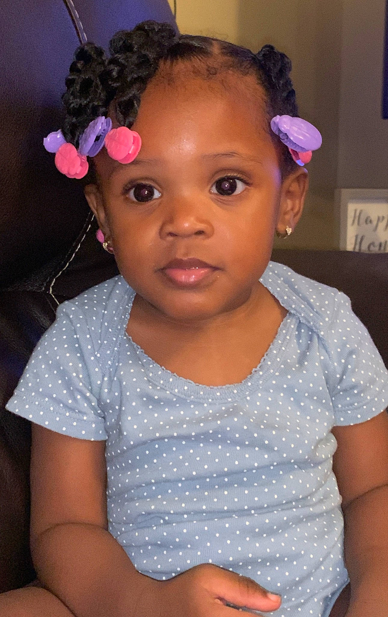 Jazhia is registered to the contest to win money with this photo: baby_toddler_clothing, black, cheek, chin, eye, eyebrow, eyelash, face, facial_expression, flash_photography, hair, hairstyle, head, iris, lip, organ, person, pink, purple, skin