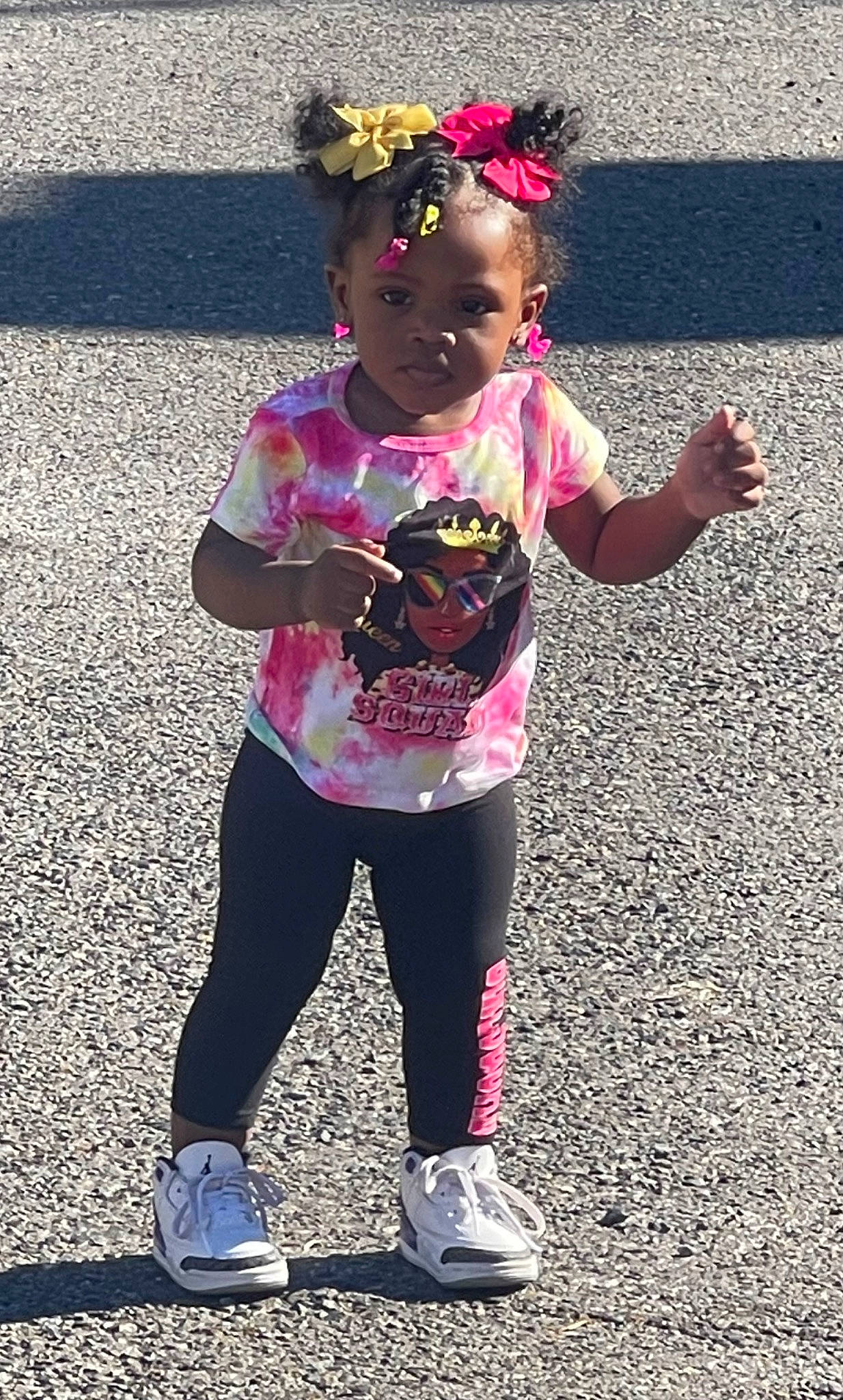 Jazhia is registered to the contest to win money with this photo: active_pants, asphalt, eyewear, face, fun, hair, happy, head, leggings, leisure, magenta, person, pink, recreation, road_surface, running, sleeve, sneakers, sportswear, sweatpant