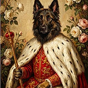Ugo participe au concours pour gagner de l'argent avec cette photo : animal_portrait, artwork, classical_style, crown, decorative, dignity, dog, flowers, fur, fur_texture, german_shepherd, noble, painting, portrait, red_robe, regal, roses, royalty, scepter, sitting