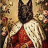 dog, german_shepherd, royalty, portrait, crown, scepter, red_robe, fur, flowers, roses, regal, painting, classical_style, noble, dignity, animal_portrait, fur_texture, sitting, decorative, artwork