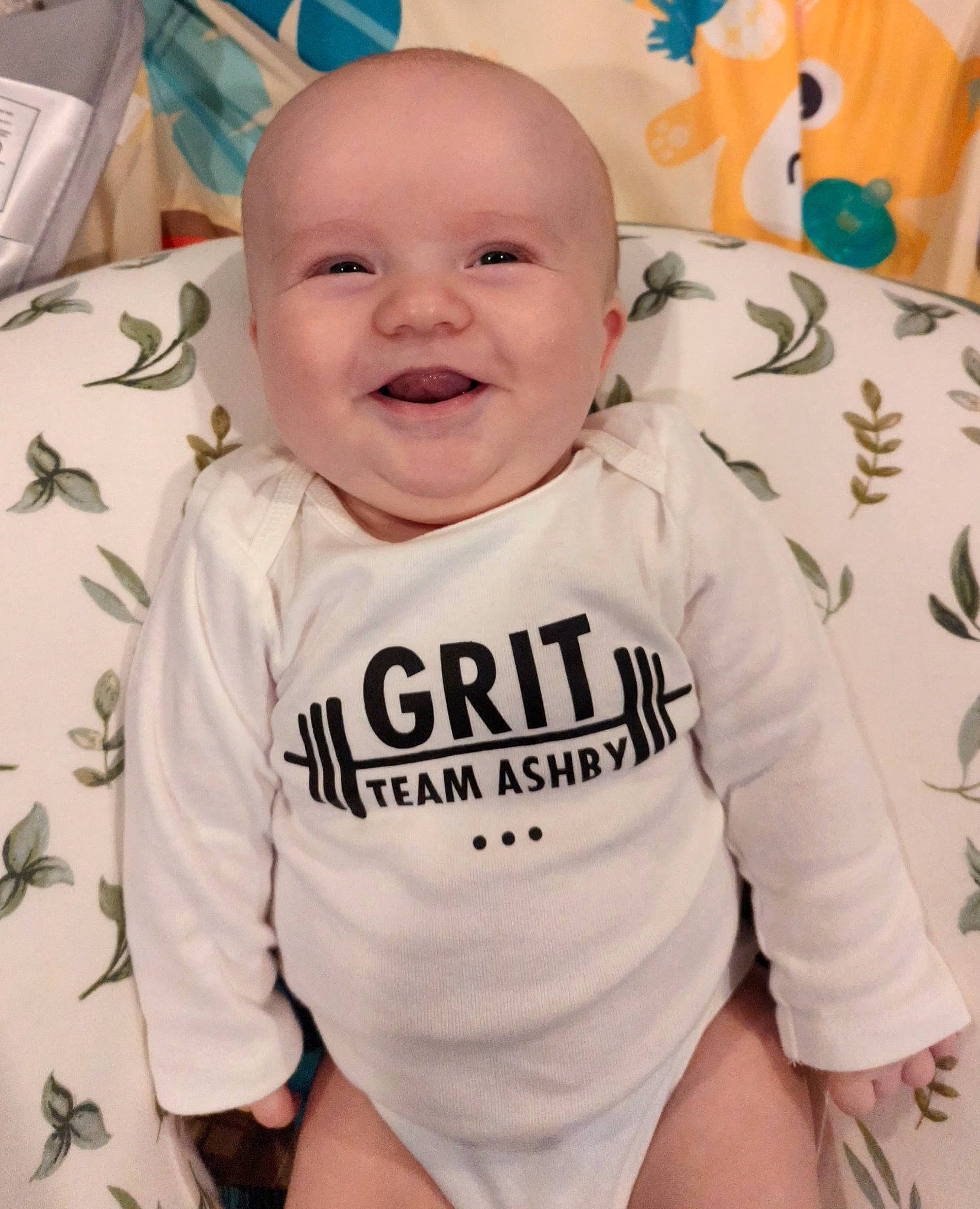 Clayton joined the competition — help win amazing prizes! baby, baby_laughing, baby_toddler_clothing, cheek, child, chin, comfort, happy, head, linens, long_sleeved_t_shirt, pattern, person, skin, sleeve, smile, sportswear, t_shirt, thigh, toddler