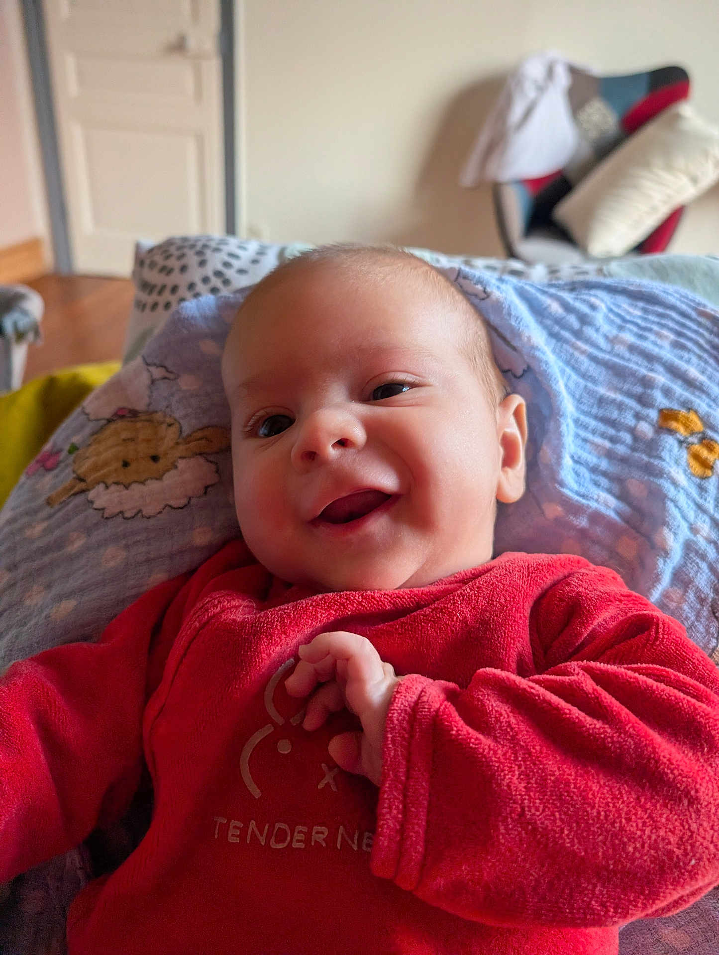 Antonin participe au concours pour gagner de l'argent avec cette photo : baby, smiling, red_clothing, blanket, indoor, infant, face, happy, cute, child, soft_toys, pattern, furniture, living_room, person, portrait, closeup, warm, comfort, home