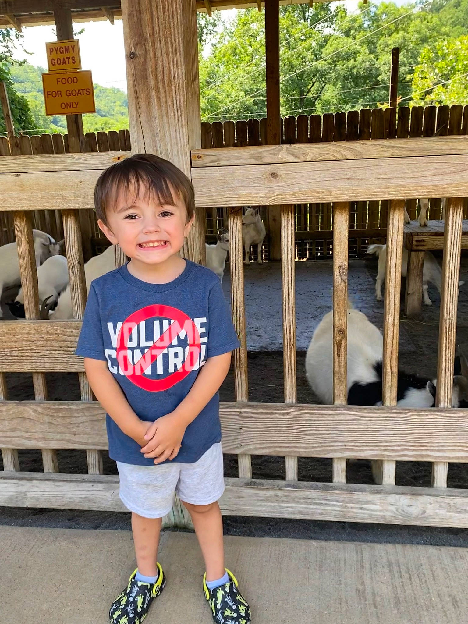 Owen joined the competition — help win amazing prizes! beauty, electric_blue, fence, happy, joy, leg, leisure, mammal, person, porch, sleeve, smile, sportswear, standing, summer, t_shirt, thigh, toddler, travel, tree