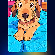 Adés participe au concours pour gagner de l'argent avec cette photo : animal, animation_style, big_eyes, blue_blanket, brown_dog, caricature, cartoon, colorful, cute, digital_art, dog, furniture, illustration, indoor, pet, phone_screen, plant, portrait, screen, text_overlay