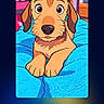 animal, animation_style, big_eyes, blue_blanket, brown_dog, caricature, cartoon, colorful, cute, digital_art, dog, furniture, illustration, indoor, pet, phone_screen, plant, portrait, screen, text_overlay