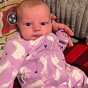 Lorelei is registered to the contest to win money with this photo: baby, infant, newborn, onesie, purple_onesie, animal_print, couch, pillow, hand, eyes, face, portrait, indoor, cozy, blanket, plaid, parent, seated, cute, expression