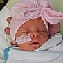Raelynne joined the competition — help win amazing prizes! newborn, baby, sleeping, pink_bow, hat, blanket, medical_tube, tape, hand, hospital_bed, infant, portrait, closeup, face, headwear, cute, resting, healthcare, wrapped, peaceful